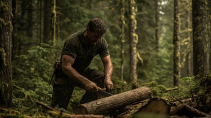 A man kneels on the forest floor, skillfully carving a piece of wood amidst tall trees and dense greenery during the soft glow of evening light.