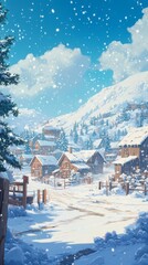 Fototapeta premium Frosty Frontier: An Animated Snowscape with a Quaint Border Town Nestled in the Icy Wilderness, Embracing the Winter's Quiet Majesty.