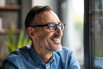 Obraz premium A man with glasses is smiling and looking out the window. He is wearing a blue shirt and a blue tie
