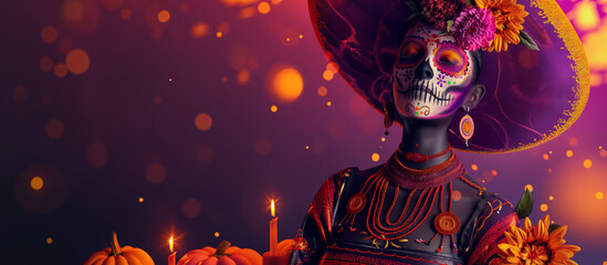 Day of the Dead theme with a vibrant purple, orange, and black background featuring skull motifs. A woman in traditional Mexican dress and hat, with flowers on her head, surrounded by candles