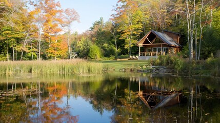 Obraz premium Cozy Log Cabin by Tranquil Pond Surrounded by Vibrant Autumn Foliage in Late Afternoon Light