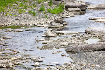 Stones and concrete slab in the river in the city