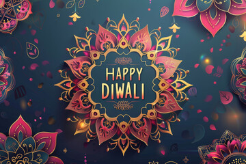 Happy Diwali text with floral mandala art and decorative elements, background