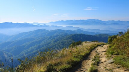 Scenic Mountain Trail Winding Through Lush Greenery Under Bright Blue Sky at Midday