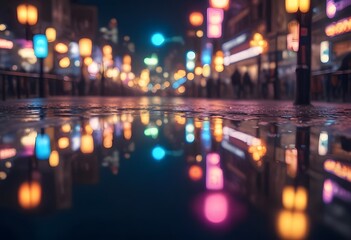 Obraz premium Blurred cityscape with illuminated skyscrapers and traffic lights at night