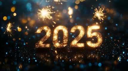 The golden text "2025" is written in the center of the black background, sparkling with stars and sparkles. New Year's concept. 