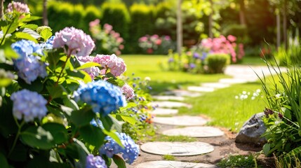 Obraz premium Colorful Hydrangeas Line A Serene Garden Pathway In Springtime Sunshine