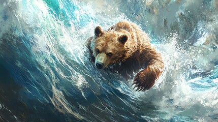 Fototapeta premium A brown bear swimming through a wave in an artistic and surreal depiction, blending nature and imagination with dynamic water movement.