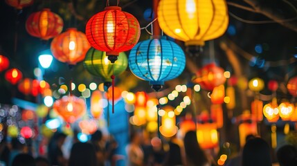 Colorful Lanterns Illuminating a Night Market During a Cultural Festival Celebration