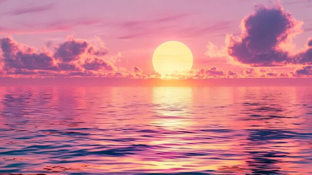 Tranquil sea at neon sunset. Summer vacation concept. Retrowave, synthwave, vaporwave aesthetics. Retro style, webpunk, retrofuturism. Calmness, sense of tranquility