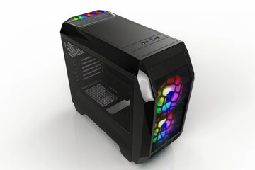 A black computer case with a colorful design. The case is made of plastic and has a neon green and blue design