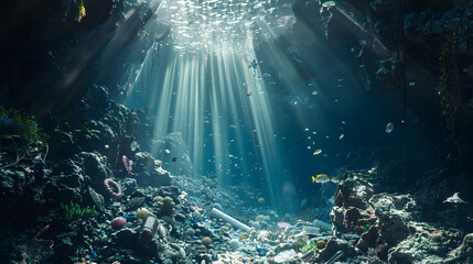 A mesmerizing underwater canyon with sunlight streaming down its walls. The invasion of plastic rubbish. 