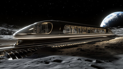A futuristic train on the moon, traveling along tracks set in space. The exterior of the train is sleek and metallic with large windows showing an interstellar view outside.