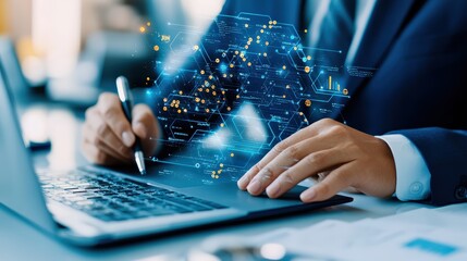 Business professional working on data analytics with digital interface overlay, representing technology and innovation in the office environment.