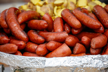 Grilled sausages on the counter in a cafe