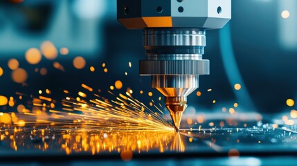 Close-up of a high-precision laser cutting machine in action, emitting bright sparks. Industrial technology and precision engineering theme.
