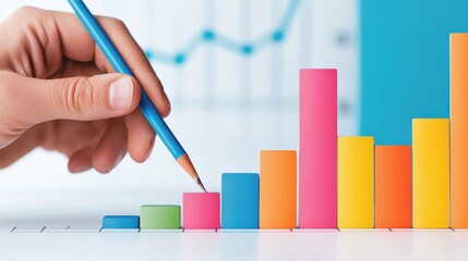 Colorful bar chart with hand holding pencil, analyzing data on a graph. Business, finance, and statistical concept in vibrant colors.