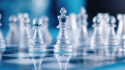 Close-up of transparent glass chess pieces on a reflective board with a blue background, symbolizing strategy and intellectual challenge.