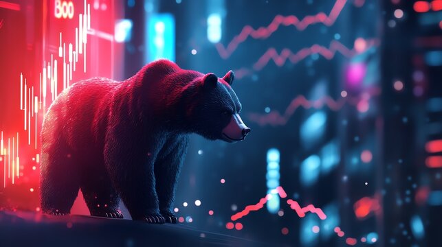 Illustration of a bearish stock market with a bear symbolizing market decline, red graphs, and data visualizations highlighting financial downturn.