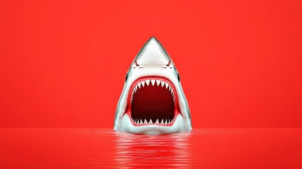 Dramatic image of a great white shark emerging from the water with a bright red background, showcasing its open mouth and sharp teeth. read ocean marketing concept
