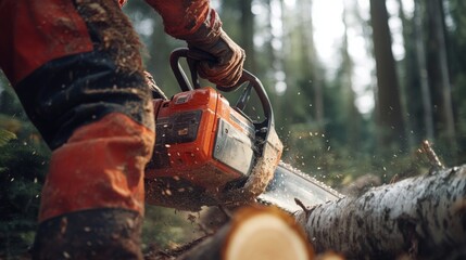 A worker uses a chainsaw to cut through a fallen log in a dense forest, surrounded by trees, with sawdust flying.