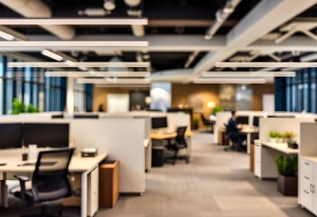A modern office space with rows of desks, computers, and office chairs. The background is blurred, but the focus is on the organized and functional workspace with potted plants