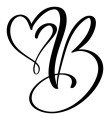 Hand drawn vector calligraphy love letter B. Script capital font logo. Handwritten brush style flourish. Vintage heart monogram. element Valentine flourish. sign for page decoration design