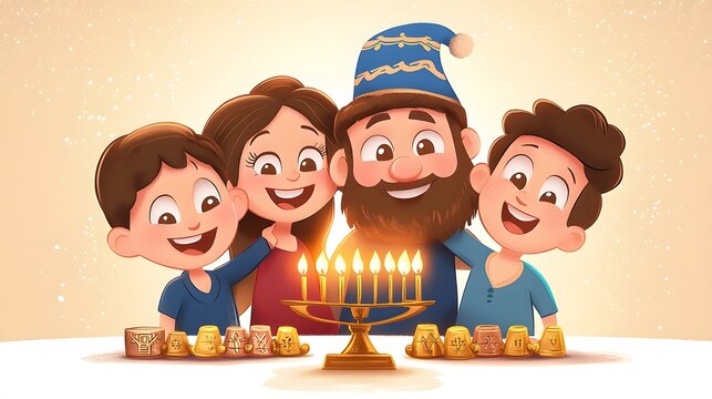 Cartoon family celebrating Hanukkah with a menorah dreidels and gelt