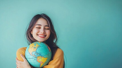 Joyful young woman embracing the world globe