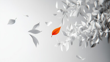 Fototapeta premium White background, white leaves flying in the air, delicate and simple lines, simple composition, white gray color scheme