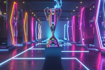 A trophy is displayed in a brightly lit room with neon lights. The trophy is placed on a pedestal in the center of the room. The room is decorated with neon lights and colorful patterns