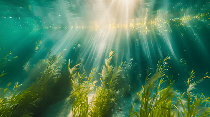 Fototapeta premium A peaceful underwater meadow with rays of sunlight dancing on the sandy seabed. 