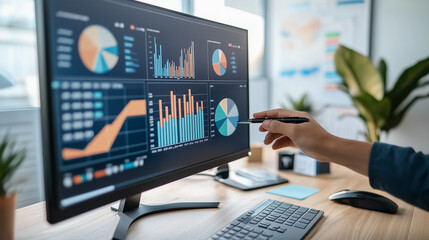 Naklejka premium Create a highly detailed image that captures the essence of data analysis in a professional setting. The scene should feature a close-up view of a computer monitor displaying vario