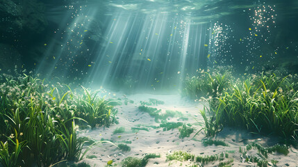 A peaceful underwater meadow with rays of sunlight dancing on the sandy seabed. 