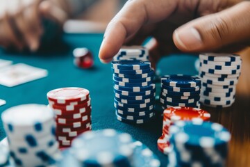 Naklejka premium A hand is reaching for a pile of poker chips. The chips are red, blue, and white