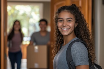 Young female college student moving her stuff out of home to a college dorm with her smiling parents in the background	