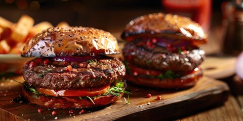 Grilled burgers beautifully presented on a wooden table