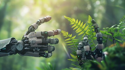 robot hand touching green leaf