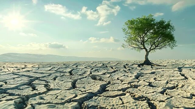 A parched, cracked earth landscape with a lone tree struggling to survive in a drought-stricken area, timelaps