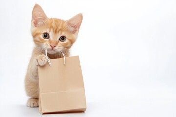 Cute kitten holding a smooth paper shopping bag in its mouth. Plain pure white background. Adorable and playful scene with soft, fluffy fur and gentle features.
