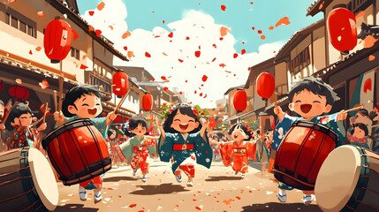 Cartoon characters enjoying a summer festival with taiko drums yukata and festival games