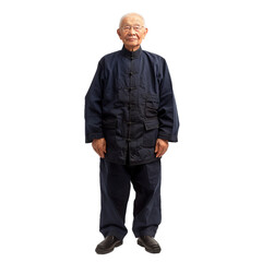 Full body portrait of senior asian man wearing traditional chinese clothing standing on plain background