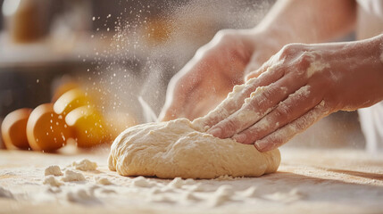 Close-up of hands kneading dough on kitchen counter, flour dusted around the table for making pizza base. Baking concept with focus to food product photo in studio lighting