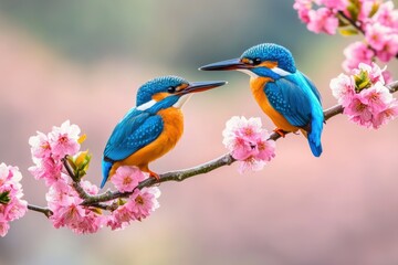 Obraz premium Vivid kingfishers perched on blooming branch