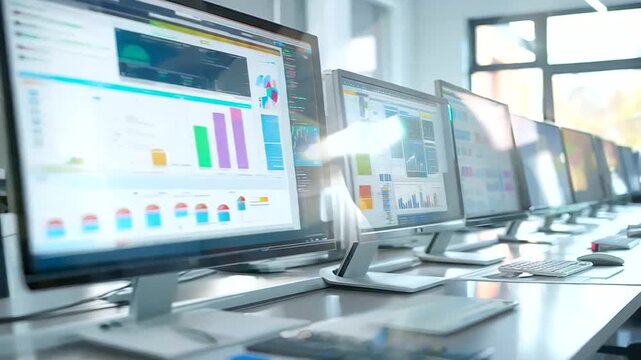 A detailed view of a digital classroom setup with multiple monitors, showing different educational resources and tools