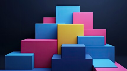 Fototapeta premium Abstract arrangement of geometric blocks in 3D render on a dark background.