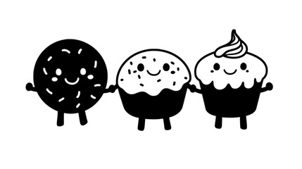 Doughnut, cupcake, and candy holding hands, each with a cheerful facial expression and simple features, vector illustration art