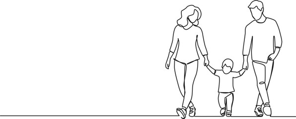 continuous single line drawing of mom and dad walking hand in hand with toddler, line art vector illustration