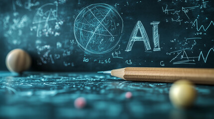 Write "AI" in a chalkboard font on a background of a classroom with mathematical equations and diagrams