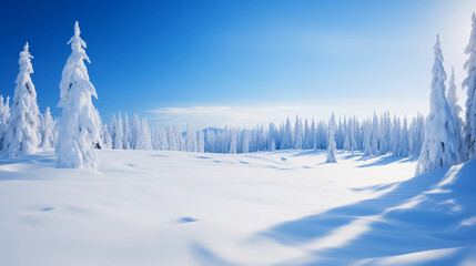 A snowy field with trees in the background